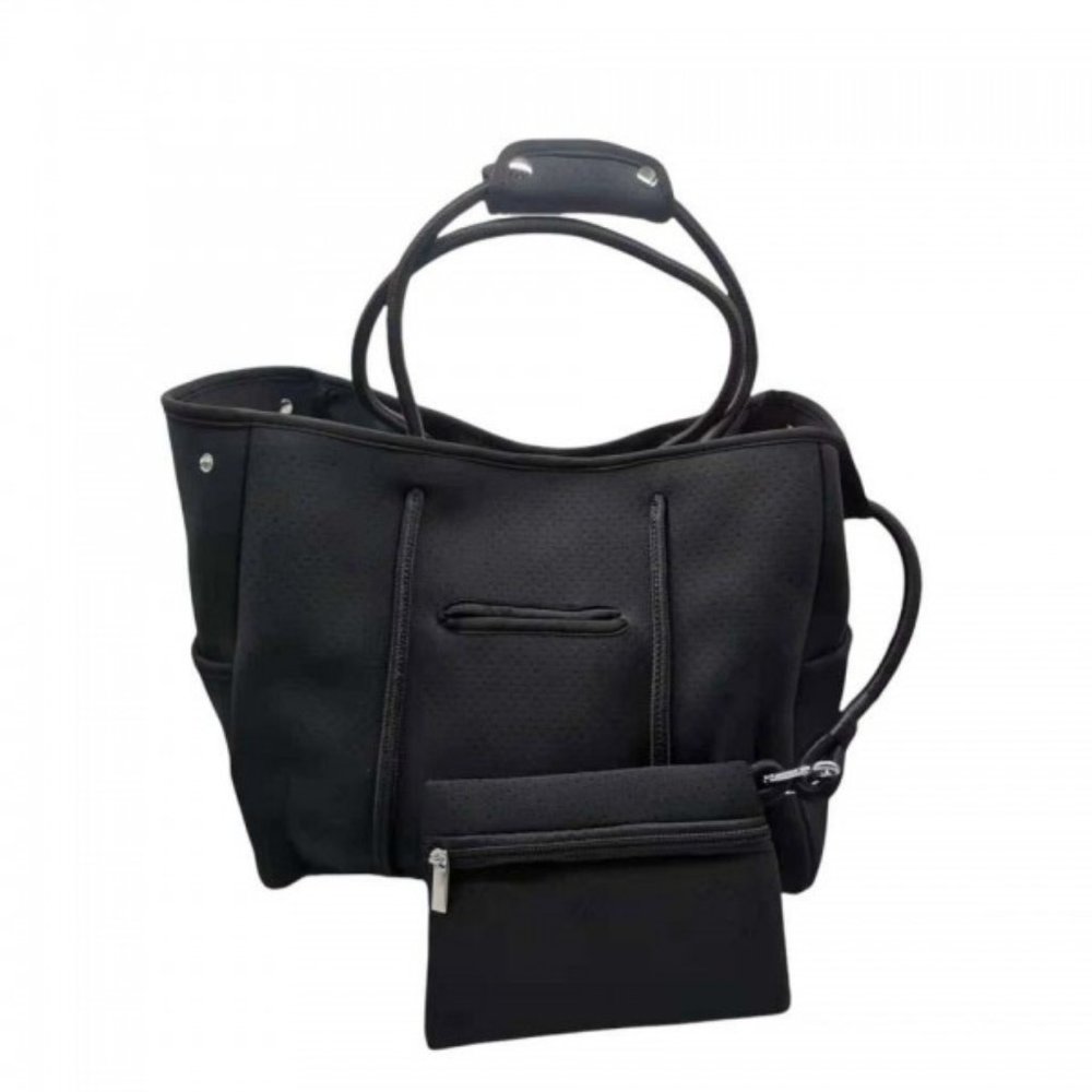 Black Solid Color Neoprene Tote Bag with Coin Pouch